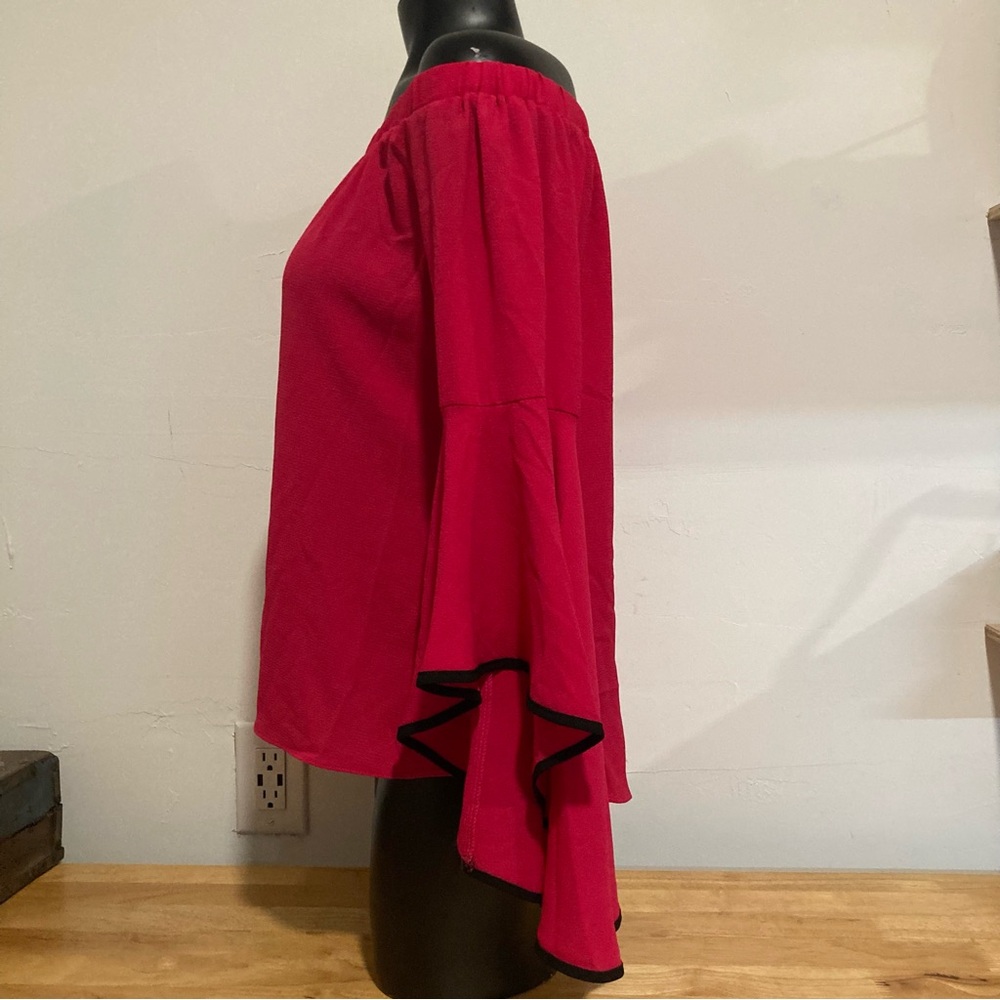 New York & Company Magenta Off-the-Shoulder Ruffled Blouse with Black Trim Small - Picture 4 of 14
